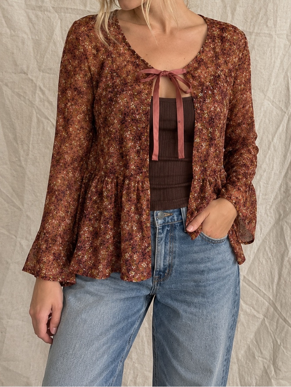 Vintage Y2K Lori Goldstein Sheer Tie Front Cardigan Rust Orange Size L
